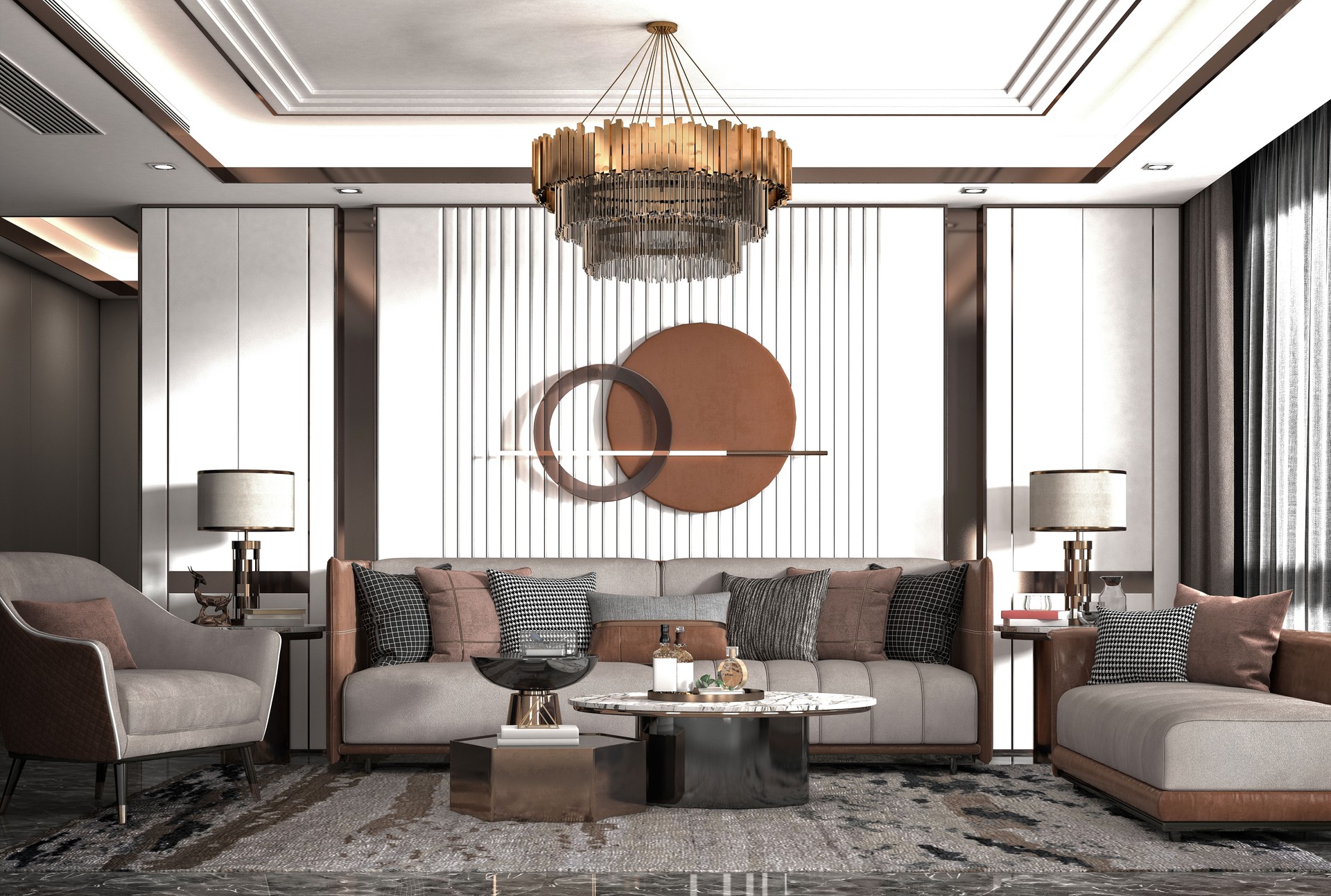 3D RENDER OF LUXURY HOME INTERIOR LIVING ROOM